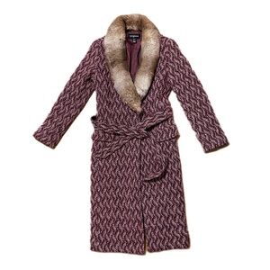 Club Monaco Red Pattern Long Wool Coat with Fur Trim